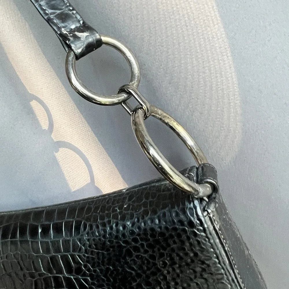 Stuart Weitzman Alligator Embossed Leather‎ Frame  Handbag Black Silver 90s Y2k